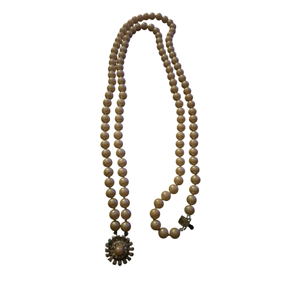 Vintage Faux Pearl Double Strand Necklace Floral Rhinestone Clasp Cream Beads